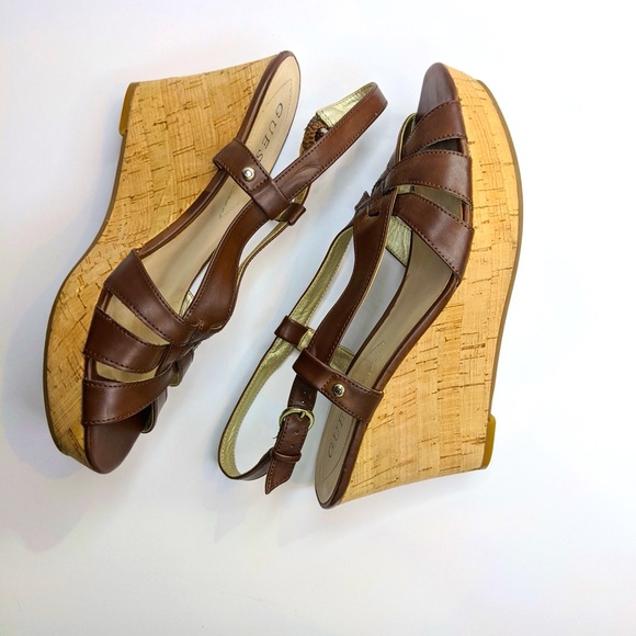 Guess Brown Strappy Cork Wedges Womens 7.5 Vegan Leather Platform Sandals - Picture 5 of 6